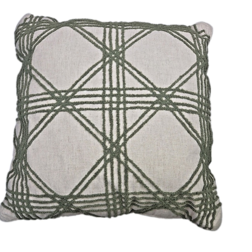 Williamsburg Throw Pillow Embroidered Crewel Lattice Green 20x20" w Insert